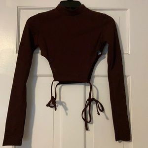 Ruched Side Tie High Neck Long Sleeve Crop Top
